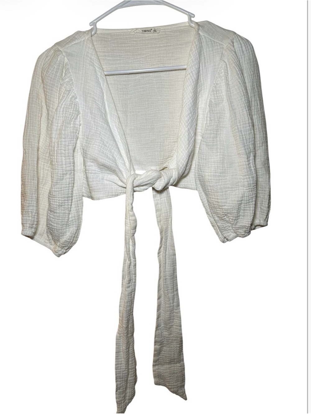 Timing White Tie-Front Gauze Crop Top Tie Front Casual Layered Light Large